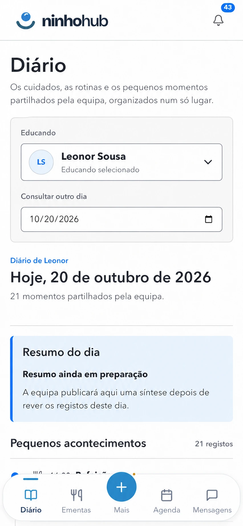Webapp Family com o diário, o resumo diário e os momentos partilhados pela equipa