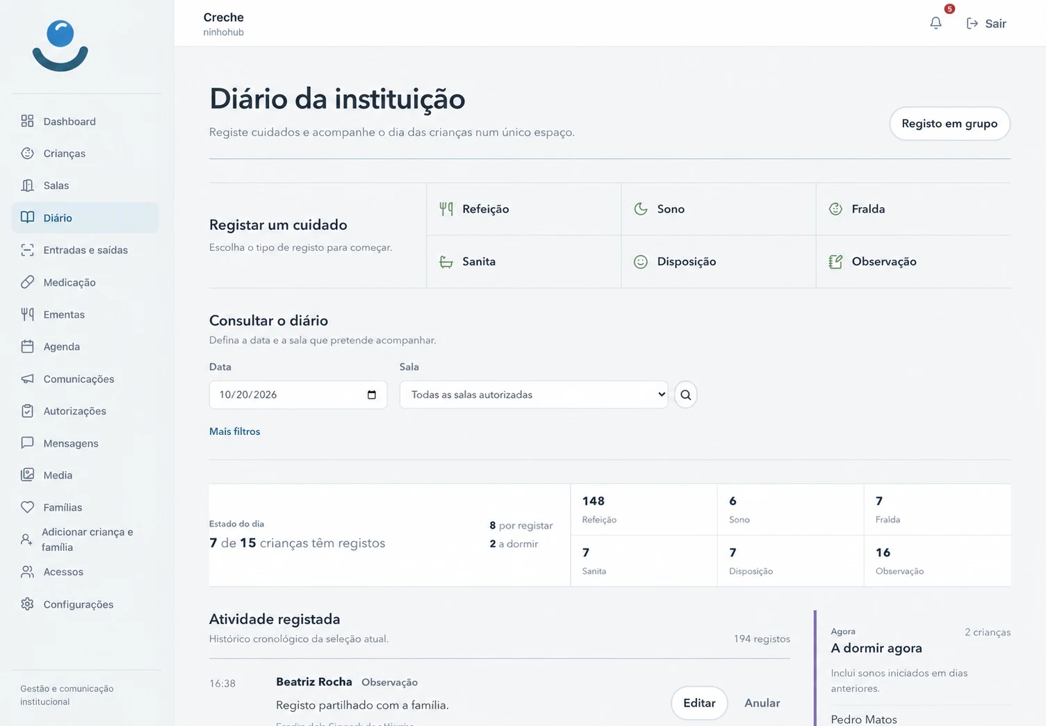 Plataforma da instituição no ecrã do Diário, com tipos de cuidado e atividade registada